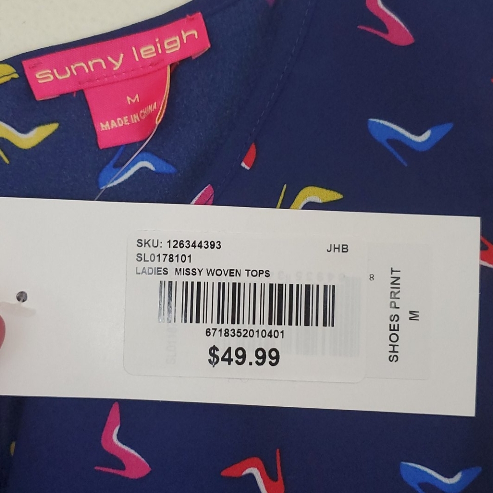 NWT Sunny Leigh Navy High Heels Print Sleeveless Top M - Picture 8 of 13